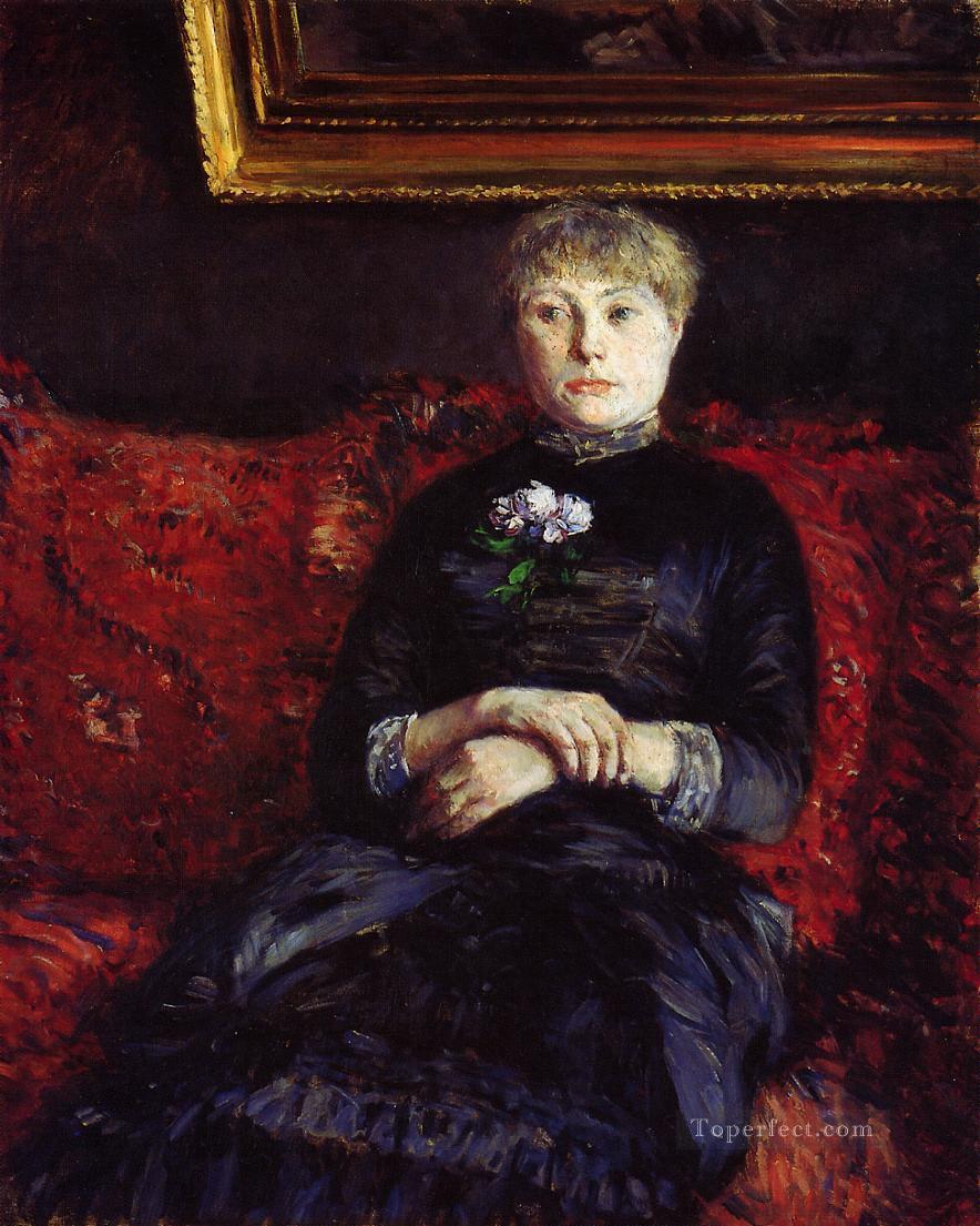 Woman Sitting on a Red Flowered Sofa Gustave Caillebotte Oil Paintings